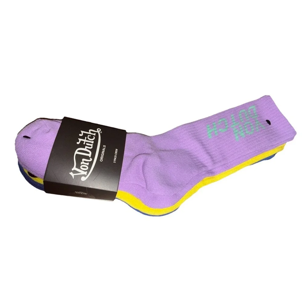 Von Dutch Originals Crew Socks One‎ Size Purple Yellow Blue 3 Pairs NEW